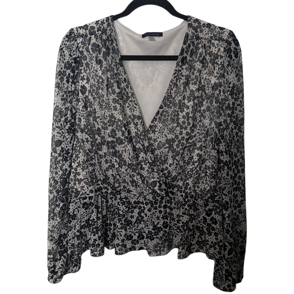 Tommy Hilfiger Womens XL Black White Floral Faux Wrap Peplum Blouse Long Sleeve